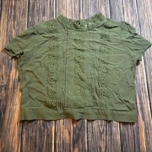 Self Esteem Crop Top Womens XL Olive Green Lace Crochet Tie Back Short Sleeve